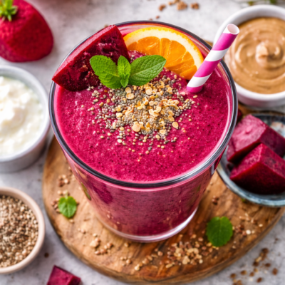 Koktajl z buraka z bananem i pomarańczą – wysokobiałkowe smoothie z masłem orzechowym