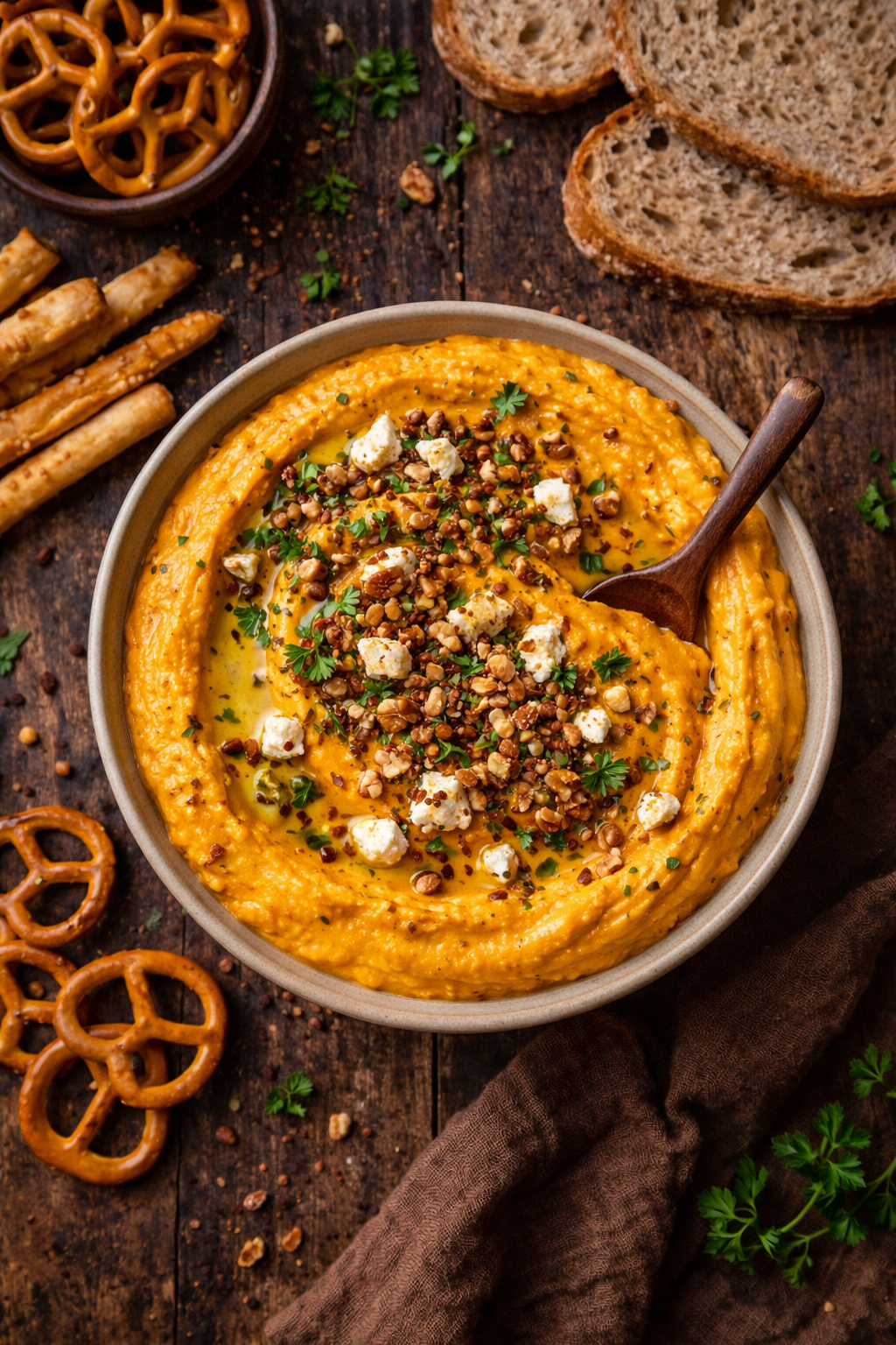 Dip z pieczonej dyni i fety – kremowa wegetariańska przekąska do precelków