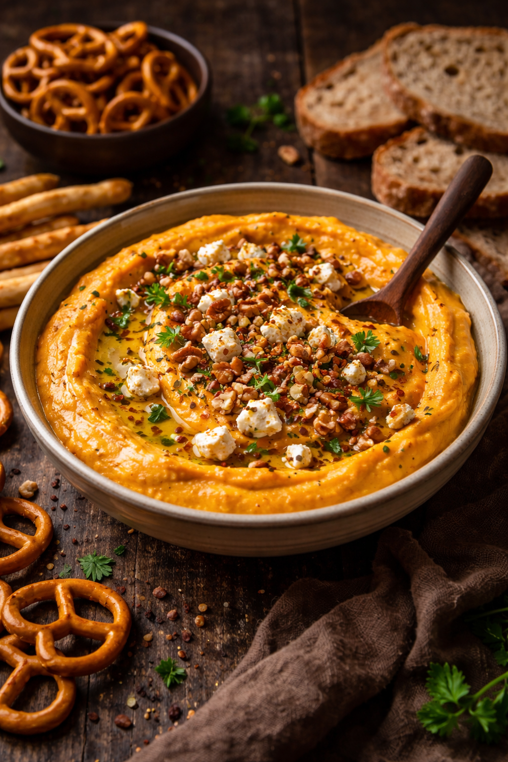 Dip z pieczonej dyni i fety – kremowa wegetariańska przekąska do precelków 2 Dip z pieczonej dyni i fety – kremowa wegetariańska przekąska do precelków