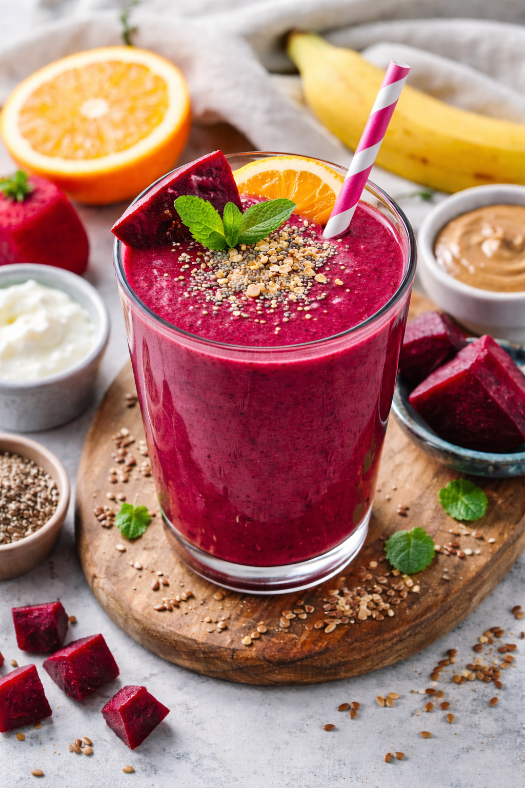 Koktajl z buraka z bananem i pomarańczą – wysokobiałkowe smoothie z masłem orzechowym 2 Koktajl z buraka z bananem i pomarańczą – wysokobiałkowe smoothie z masłem orzechowym