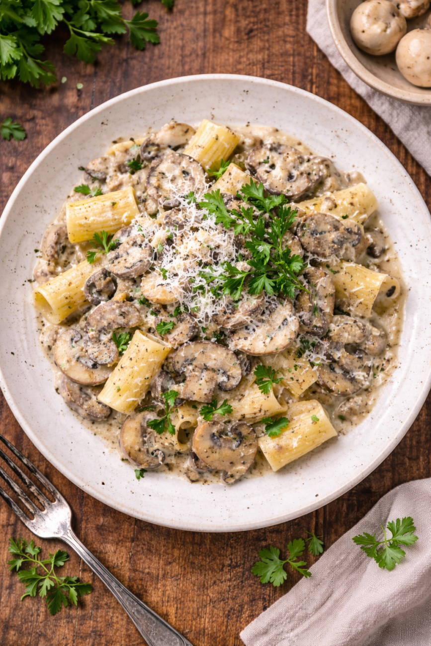 Makaron z pieczarkami w sosie śmietanowym – przepis