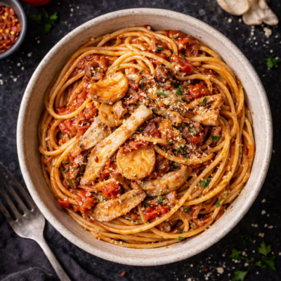 Spaghetti z sosem z boczniaków jak bolognese