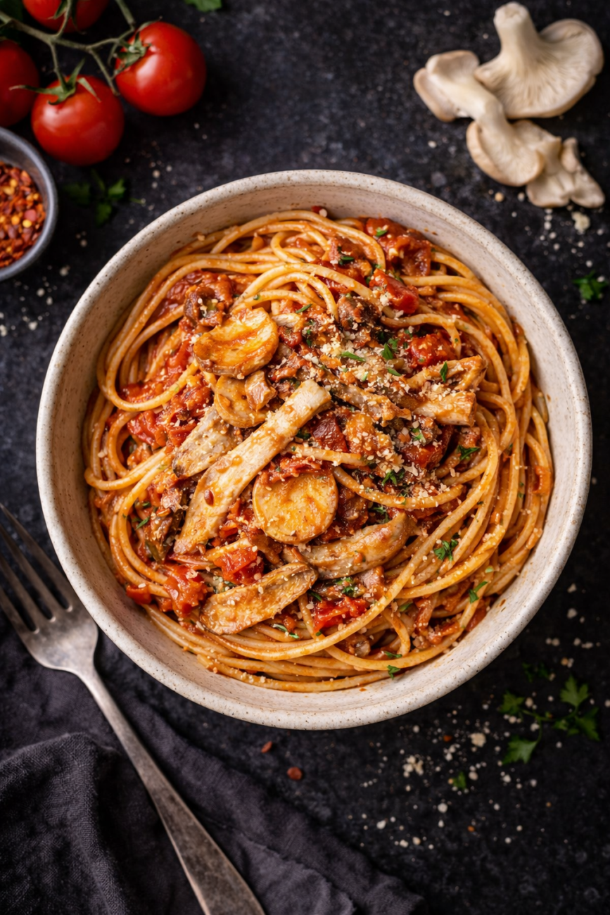 Spaghetti z sosem z boczniaków – przepis jak bolognese