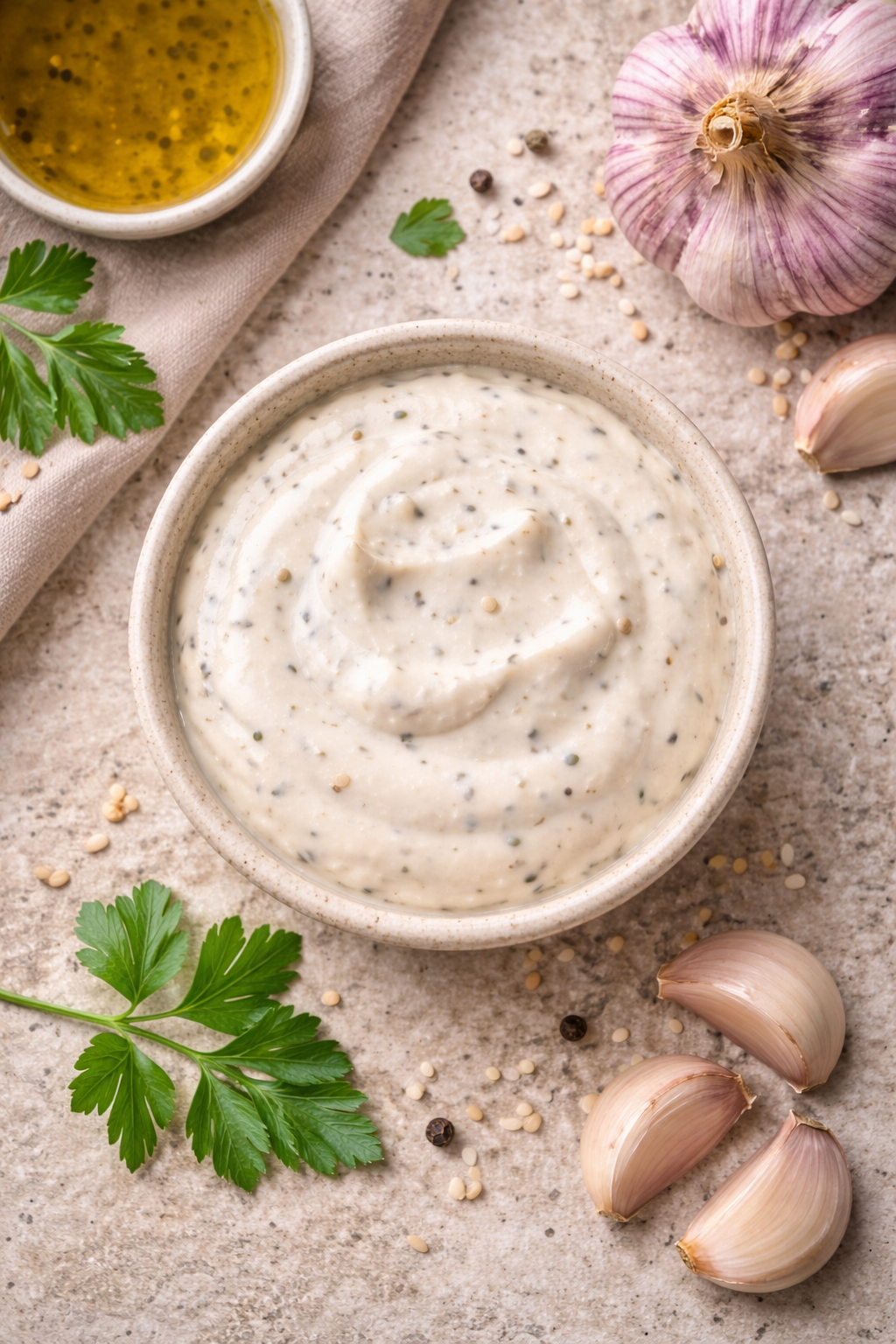 Wegański sos czosnkowy w 15 minut – kremowy dip roślinny Wegański sos czosnkowy w 15 minut – kremowy dip roślinny